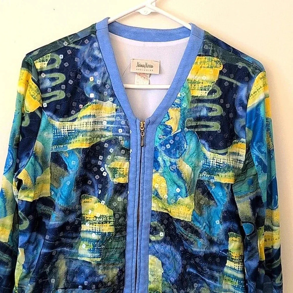 Vintage Neiman Marcus Womens Large Zip Up Sequin Jacket Blue Yellow Art Deco - Picture 3 of 8